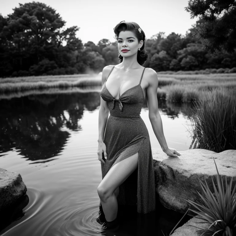 black and white photos. denise richards, morning mist, pond, high vegetation, long dress, pin-up, vintage dress, 22 years old, perfect body, 40's, perspective, half body detail, sharp focus, light mix, detail, 50's, (high skin detail: 1,2), 8k hd, DSLR, Luz outfit, high quality, Fujifilm XT3 Grainy Films.