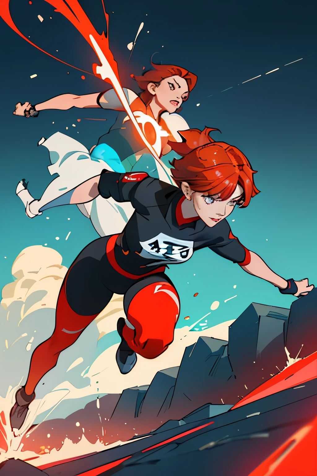 Illustration with a Sense of Sprinting and Dynamism Aiming for the Future: A Powerful Woman with Short Red Hair (4.0)
This captivating illustration showcases a woman in her prime, radiating strength and determination. Her short, fiery red hair (4.1) catches the light, creating a halo of energy around her. She is dressed in athletic attire, designed with sleek lines and vibrant colors, reflecting the modern and forward-thinking theme of the piece (4.2).
Her eyes are focused, filled with an unstoppable spirit and ambition, as if she is already hurdling towards the future