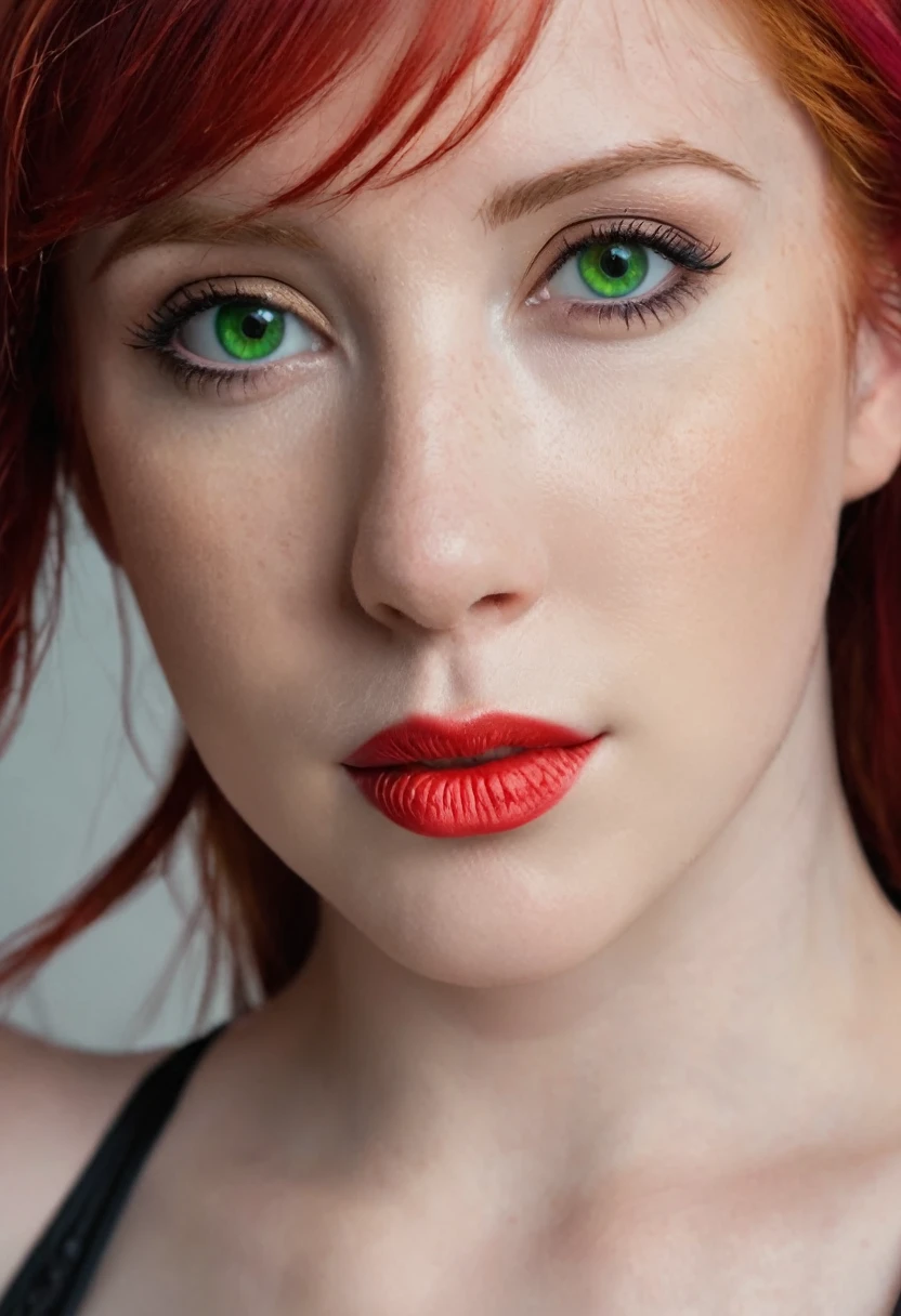 there is a woman with red hair and a black bra top, she has long redorange hair, red hair and attractive features, better known as amouranth, she has red hair, she is redhead, with red hair, erza scarlet as a real person, red haired goddess, with red hair and green eyes, red head, redhead girl