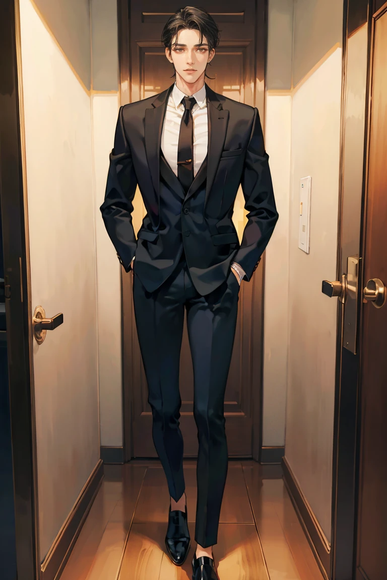 (masterpiece), best quality, seductive eyes, perfect face, handsome man, brown eyes, long slicked back black hair, long nose, tan brown skin, business suit, black necktie, extremely tall man, taller than a door, long legs, long calves, full body, tall man, long legs, anime cover, 1boy, ear piercings, hands in pockets, adult-like look, cafe background
