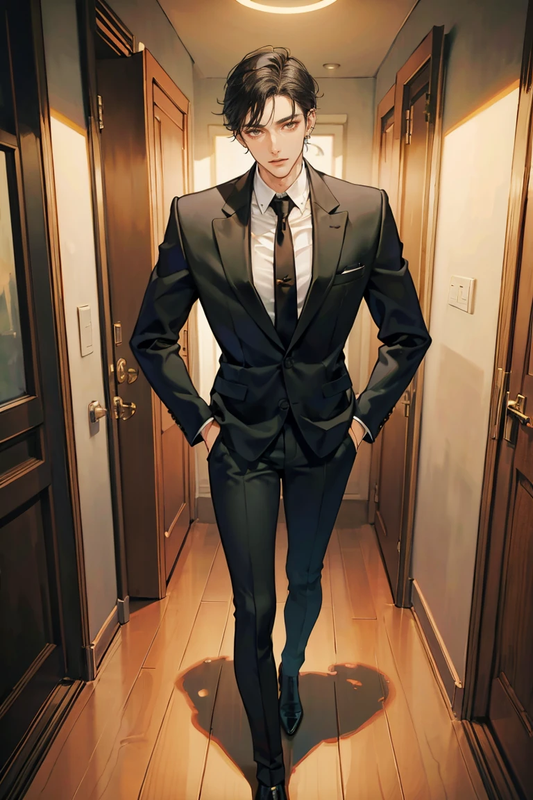 (masterpiece), best quality, seductive eyes, perfect face, handsome man, brown eyes, long slicked back black hair, long nose, tan brown skin, business suit, black necktie, extremely tall man, taller than a door, long legs, long calves, full body, tall man, long legs, anime cover, 1boy, ear piercings, hands in pockets, adult-like look, cafe background
