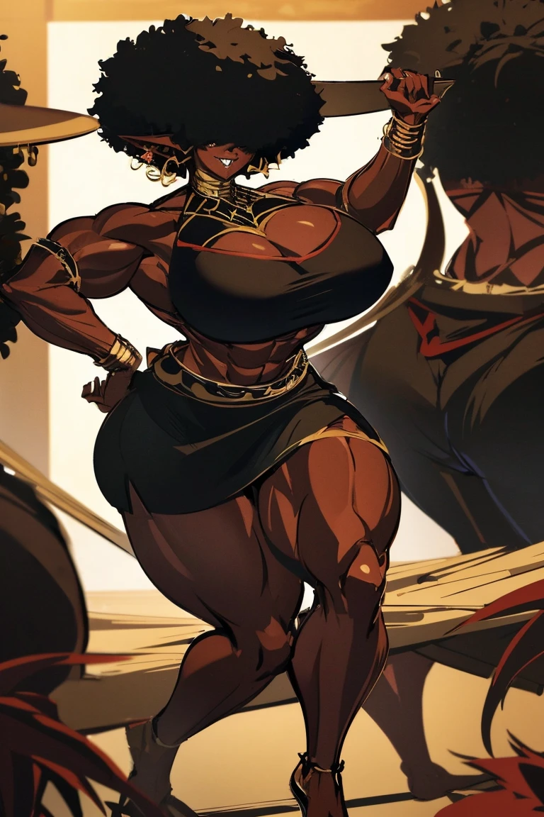 (masterpiece, best quality:1.2),1 girl, voluptuous body, full body, masterpiece, dominant pose, good anatomy, no extra limbs, big ass, thick thighs, black hair, voluminous afro, pointy ears, gold earrings, black top with red details, black skirt with red details, gold necklaces hair covering eyes no eyes