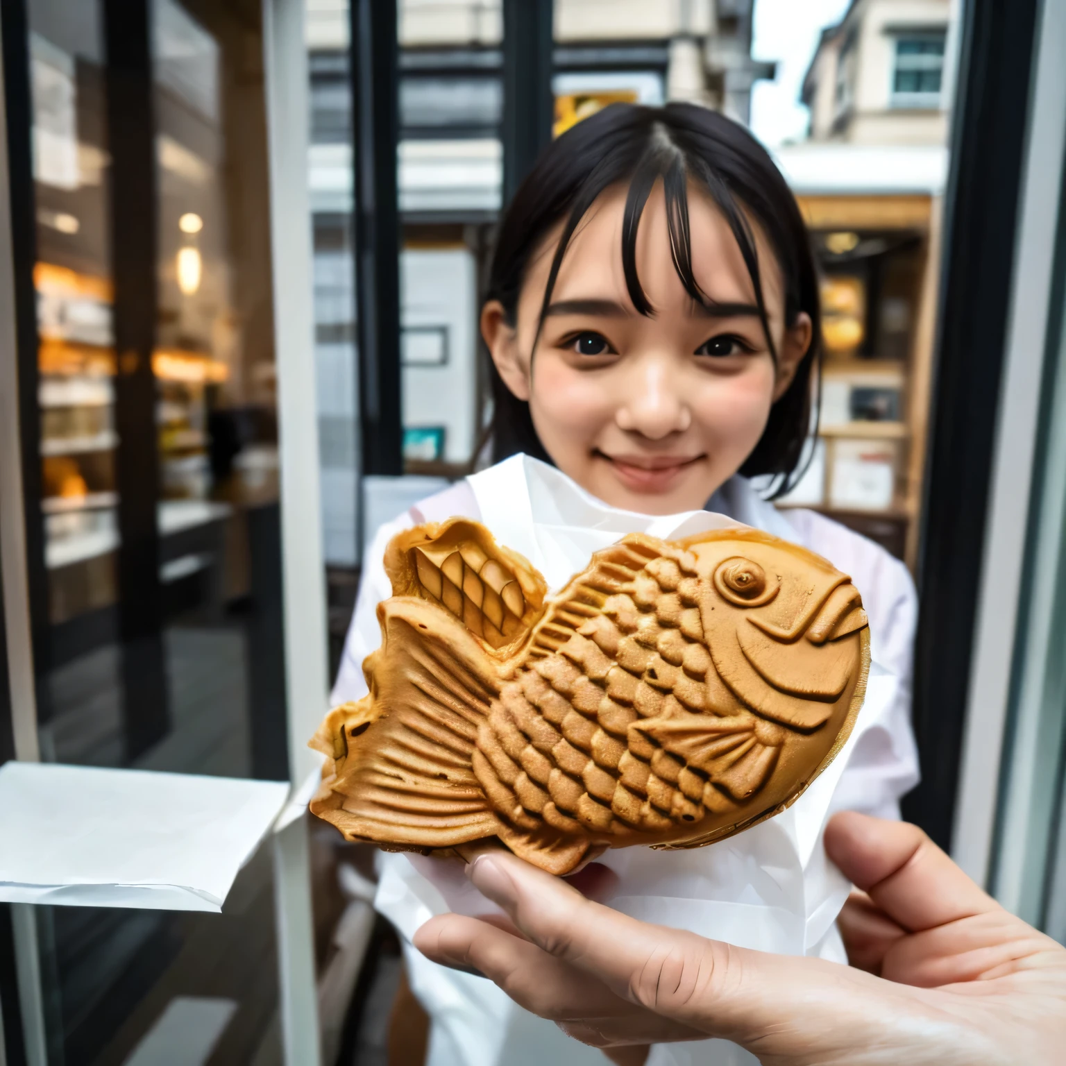 Palm-sized taiyaki１t, The tail of the taiyaki is wrapped in white paper., A shop assistant trying to hand out taiyaki through an open window, The American man happily accepts it., A cute shop assistant wearing an apron, Side view, High definition, masterpiece, Attention to detail, RAW Photos, Realistic atmosphere, Face and eyes drawn in minute detail, High quality,