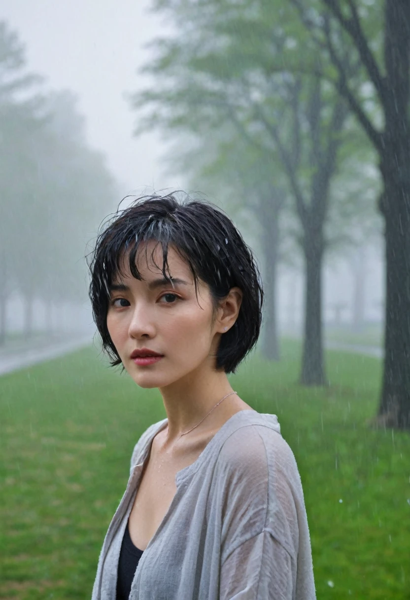 masterpiece, best quality,rain, in the rain, 1 woman, foggy park, looking at viewer, short hair that touches the shoulders,