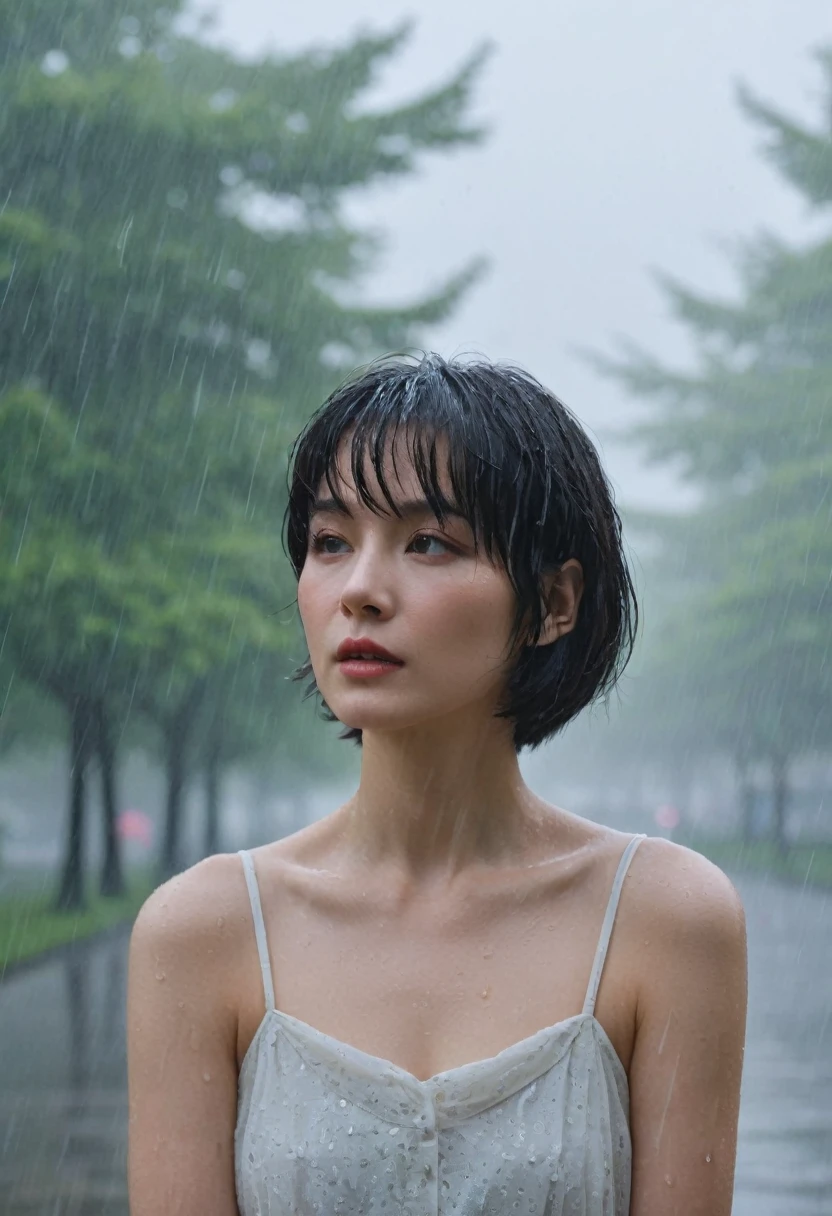 masterpiece, best quality,rain, in the rain, 1 woman, foggy park, looking at viewer, short hair that touches the shoulders,