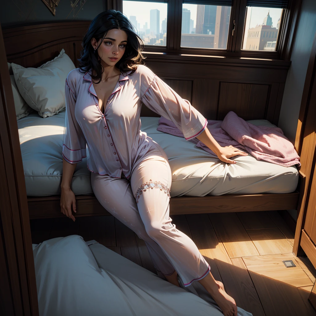 extremely detailed CG unity 8k wallpaper:1.5),<(masterpiece:1.5), (best quality:1.7), high resolution illustration, (finely detailed eyes and detailed face:1.3), (detail:1.3, best quality, (ultra-detailed), (an extremely delicate and beautiful), (illustration), (painting),(masterpiece:1.5),cinematic light,dynamic angle,floating,sharp focus,(2d:1.7), (best quality:1.3),(illustration:1.1),((disheveled hair:1.2),(beautiful detailed eyes:1.1),(cinematic light:1.1), beautiful (40 year old) Armenian woman, ((wearing henley buttoned-up pajama-top and pajama pantst)), in bedroom, outdoor, curvy body type, voluptuous body type, curvy body type, thick body type, big chest, big , (full_body),