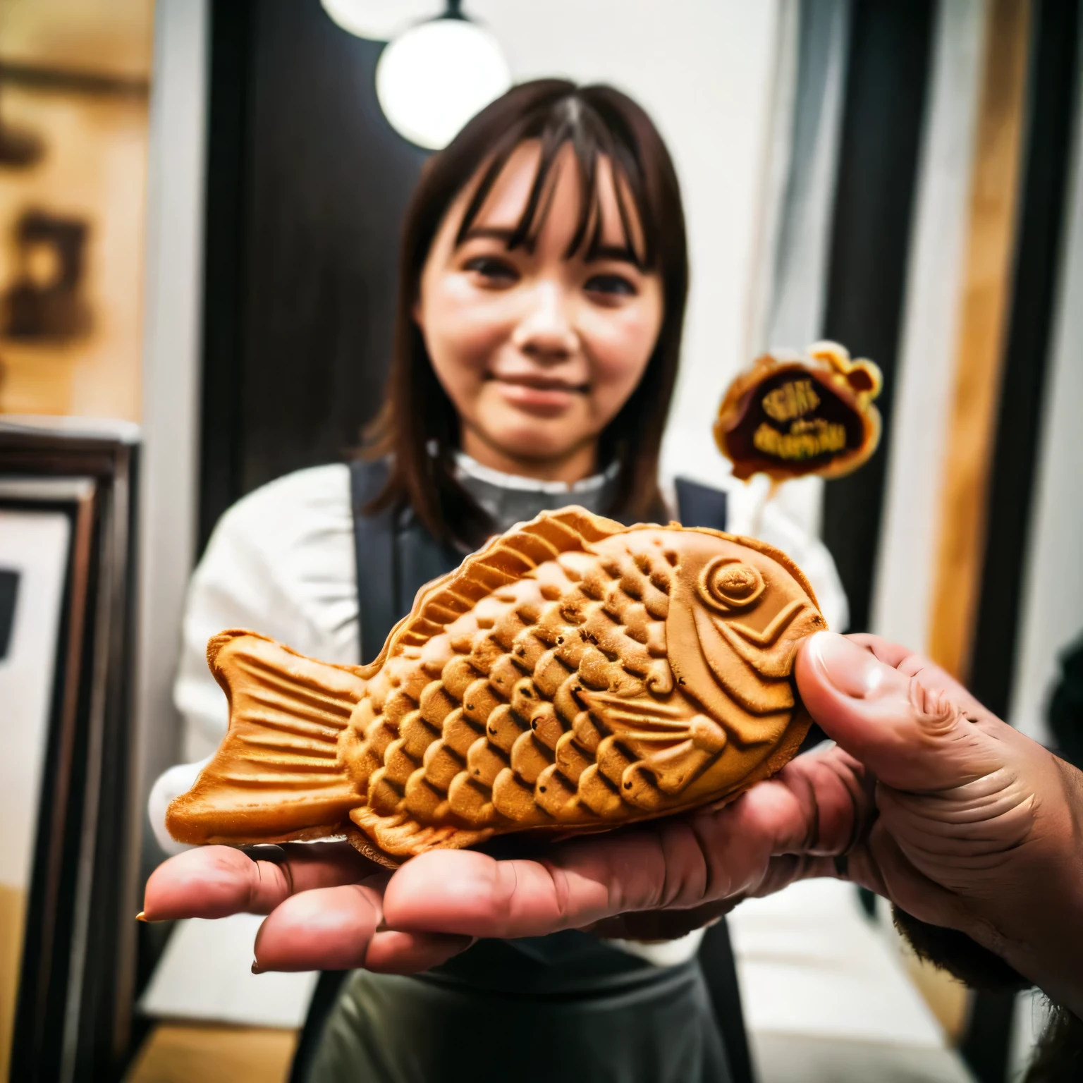 Palm-sized taiyaki１t, The tail of the taiyaki is being held by a shop assistant wearing an apron and vinyl gloves., The shop assistant is about to hand over the taiyaki., Hands trying to receive, Side view, High definition, masterpiece, Attention to detail, RAW Photos, Realistic atmosphere, Face and eyes drawn in minute detail, High quality,