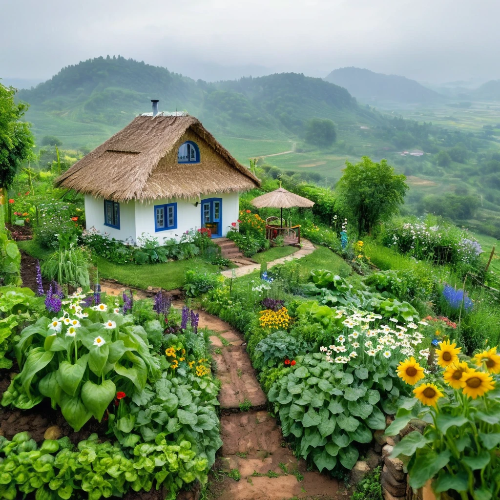 view from far, cottage, the sacred symbol of nature, A straw house on the hill (stilt house), garden around the house with vegetables, A pathway to the house with sunflowers, white daisys, violets, bluebottles.  In front of the house is a valley with vegetables. scenery, a rainy day.