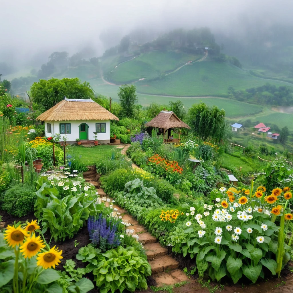 view from far, cottage, the sacred symbol of nature, A straw house on the hill (stilt house), garden around the house with vegetables, A pathway to the house with sunflowers, white daisys, violets, bluebottles. In front of the house is a valley with vegetables. scenery, a rainy day.