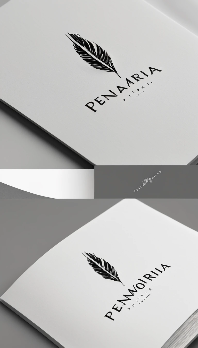 A minimal, modern, simple, cinematic logotype for the brand “Penamemoria". The logotype must be a simple, magical feather. The logo must convey a sense of music, stories and dreams. Logo design impressed on a book cover. Minimalistic logo
