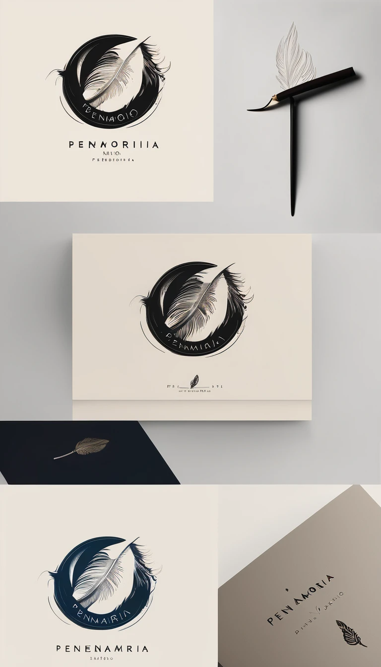 A minimal, modern, simple, cinematic logotype for the brand “Penamemoria". The logotype must be a simple, magical feather. The logo must convey a sense of music, stories and dreams. Logo design impressed on a book cover. Minimalistic logo
