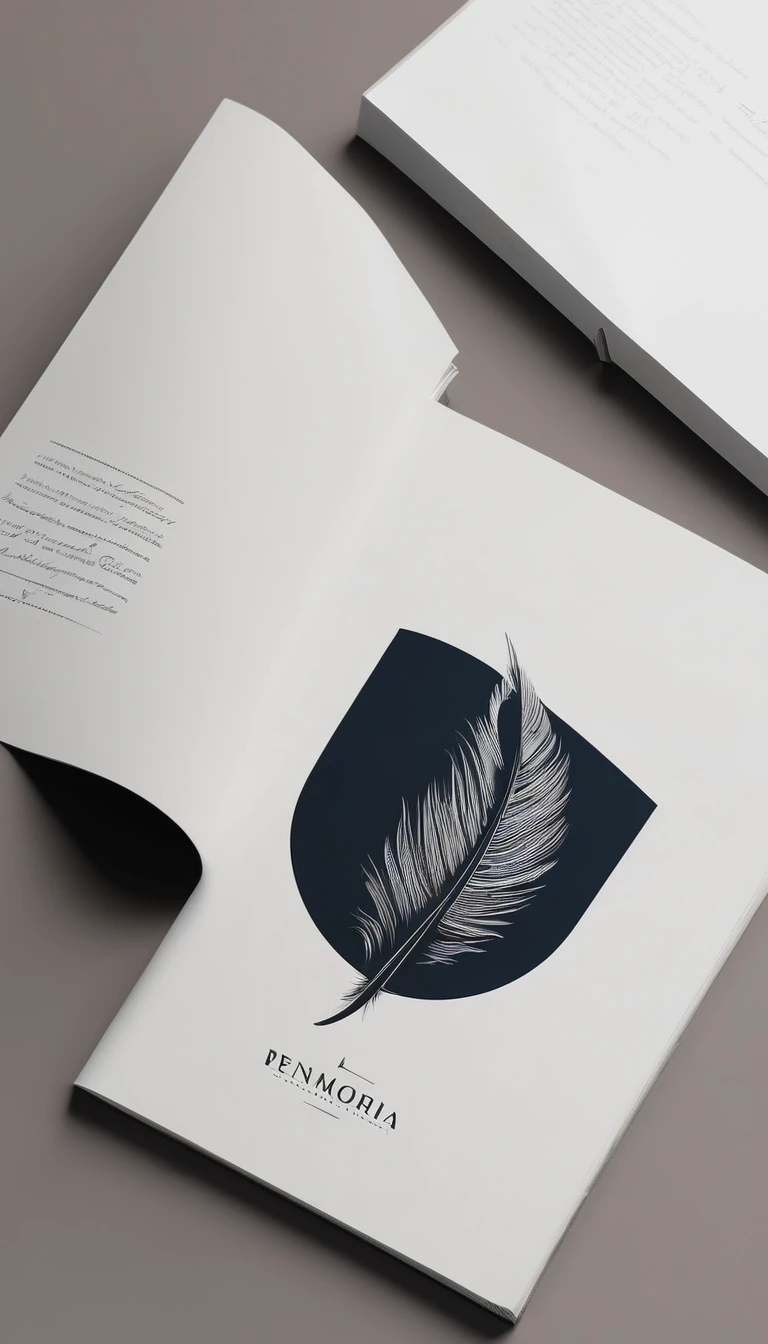 A minimal, modern, simple, cinematic logotype for the brand “Penamemoria". The logotype must be a simple, magical feather. The logo must convey a sense of music, stories and dreams. Logo design impressed on a book cover. Minimalistic logo