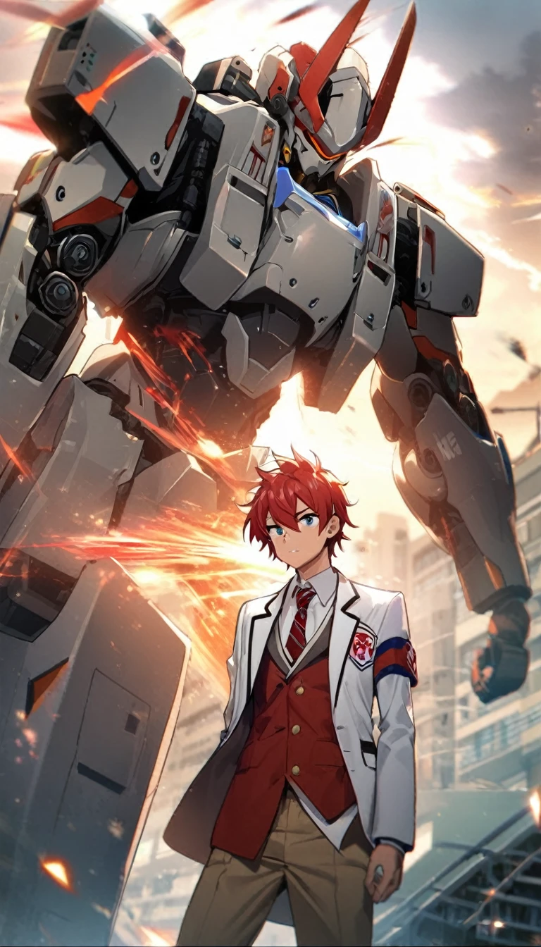 1 boy,,white blazer with logo,red hair,red high tech Armoured hand,calm expression , standing 