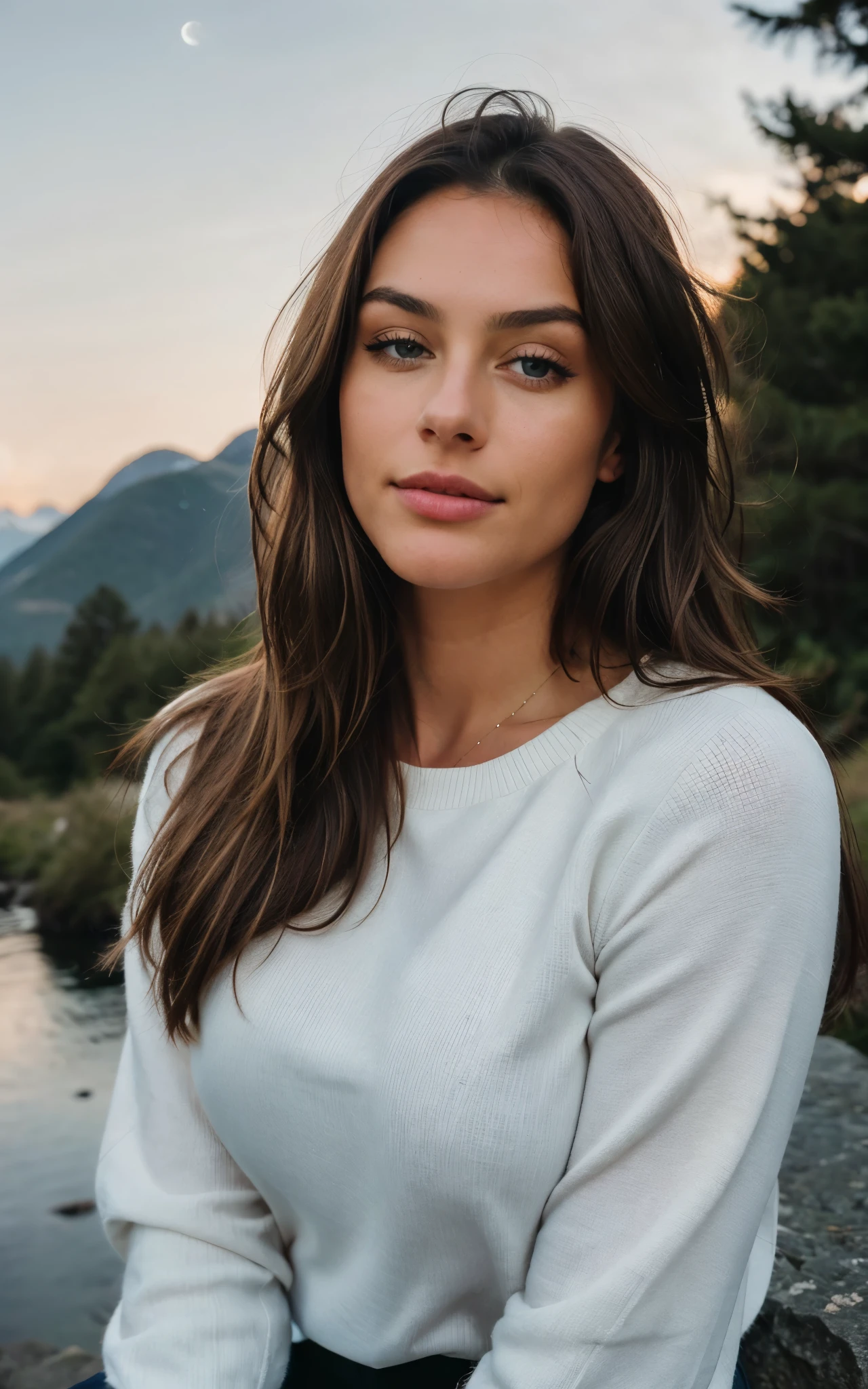 Selfie shot Beautiful brunette with dark brown hairs and blonde highlights wearing a selfie photo, long weave hairs, dunkle Augenbrauen, upper body, solo, wearing pullover, outdoors, (night), mountains, real life nature, stars, moon, highly detailed, 22 years old, , , innocent face, natural wavy hair, blue eyes, high resolution, Masterpiece, Best quality, Intricate high detail, Highly detailed, Sharp focus, Detailed skin, realistic skin texture, texture, detailed eyes, professional, 4k, charming smile, shot on Canon, 85mm, shallow depth of field, Kodak Vision Color, Perfect Fit Body , extremely detailed, photography_\(ultra\), Photorealistic, Realistic, Post-processing, maximum details, roughness, real life, ultra realistic, Photorealism, photography, 8k UHD, photography, busty