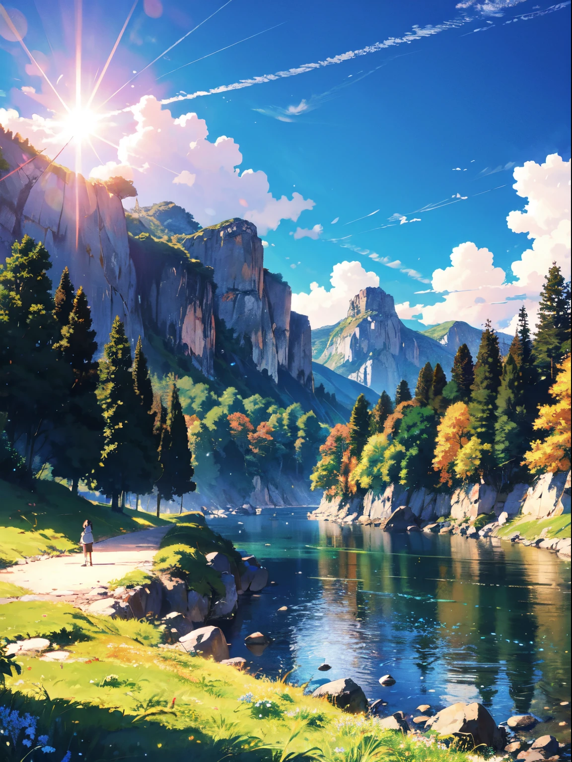 Green Alps in anime style,With bright blue sky and sunshine
