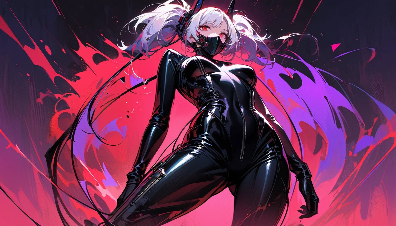 masterpiece, Best quality, 8 k, digital painting, 1 girl, One, get up, youth, White hair, Длинные White hair, hair accessories, Red eyes, round pupils, impassive facial expression, blood stains, Mechanical parts, electrical wire, cable, The effect of failure, terrifying, Science fiction, futuristic, Dark inside background, neon lights, Cyberpunk characters, surreal, strange, alarming, Chilling, terrifying, overalls,Red eyes,Poison Obsession,blackened,Long black gloves,One-piece trousers,tight latex bodysuit,Emphasize her graceful figure,Wrap your whole body,symbiont,((raised sexy)),overalls,Red eyes,Poison Obsession,blackened,Long black gloves,One-piece trousers,Black latex clothing,Blood-Red eyes,Best quality, A high resolution, Super detailed, Bright textures, a mask, tight latex bodysuit, bang,purple hair, Blue eyes