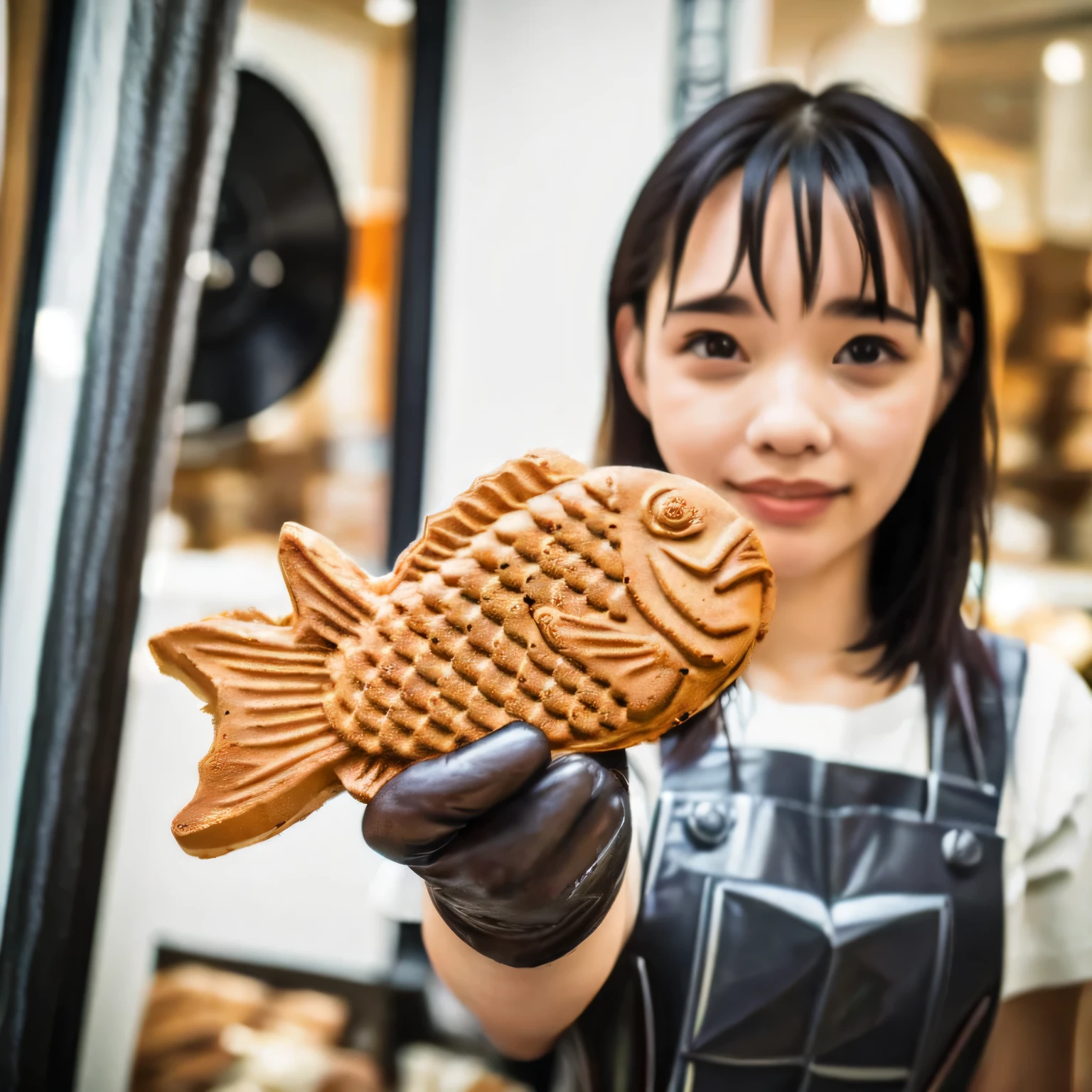 Palm-sized taiyaki１t, The tail of the taiyaki is being held by a shop assistant wearing an apron and vinyl gloves., The shop assistant is about to hand over the taiyaki., Hands trying to receive, Side view, High definition, masterpiece, Attention to detail, RAW Photos, Realistic atmosphere, Face and eyes drawn in minute detail, High quality,