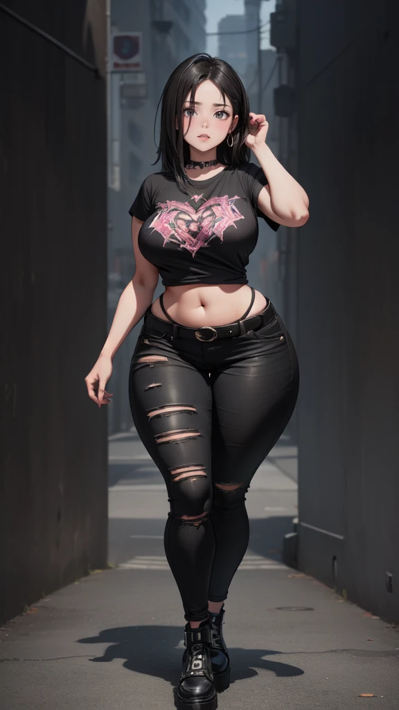 blank background, (((full body))), (masterpiece), ((best quality)), ((tall girl)), straight hair (curvy:1.5), (punk girl), shoes, belt below navel, black hair, wide hips, (black jeans), (short sleeves), arm tattoo