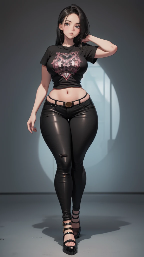 blank background, (((full body))), (masterpiece), ((best quality)), ((tall girl)), straight hair (curvy:1.5), (punk girl), shoes, belt below navel, black hair, wide hips, (black jeans), (short sleeves), arm tattoo