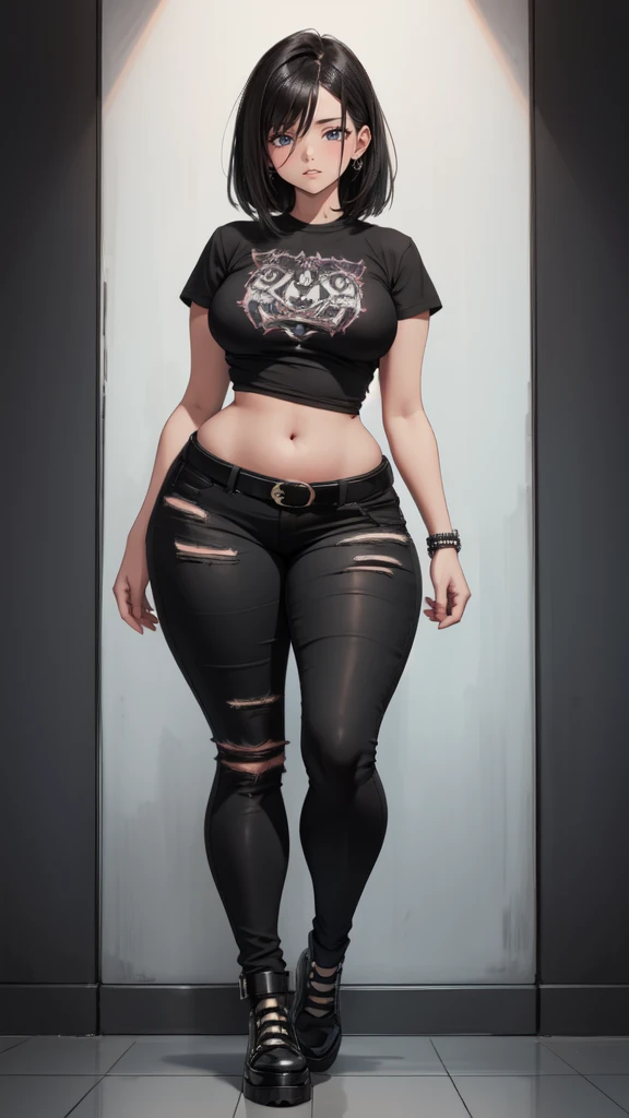 blank background, (((full body))), (masterpiece), ((best quality)), ((tall girl)), straight hair (curvy:1.5), (punk girl), shoes, belt below navel, black hair, wide hips, (black jeans), (short sleeves), arm tattoo