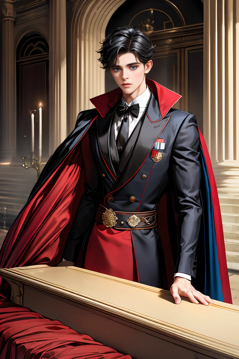 
masterpiece, 最high quality, high quality, 1 boy, alone, Male focus, Watching the audience,  Messy black hair, Adorable big blue eyes, White people, Noble, Noble,Sexy voluminous black and red cape、Tuxedo、A very voluminous, large, very large, very large, long, long red and black cape with a high stand-up collar, reaching down to the floor, made of a lot of fabric., 17 years old,Cute beautiful boys,Cute, cute, kind, handsome guy