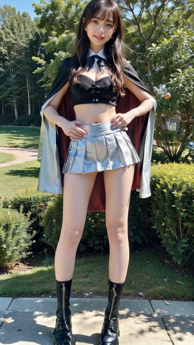 (8K、RAW Photos、Highest quality、masterpiece:1.2)、(Highest quality、Realistic)、1 Girl、((Tube top、mini skirt、Idol Costume、Cape、ribbon、Medium Hair、See-through、smile、Silver and Black、Thin legs、whole body、boots、garden、View from the front、Looking into the camera、Stand with hands on hips))、cute