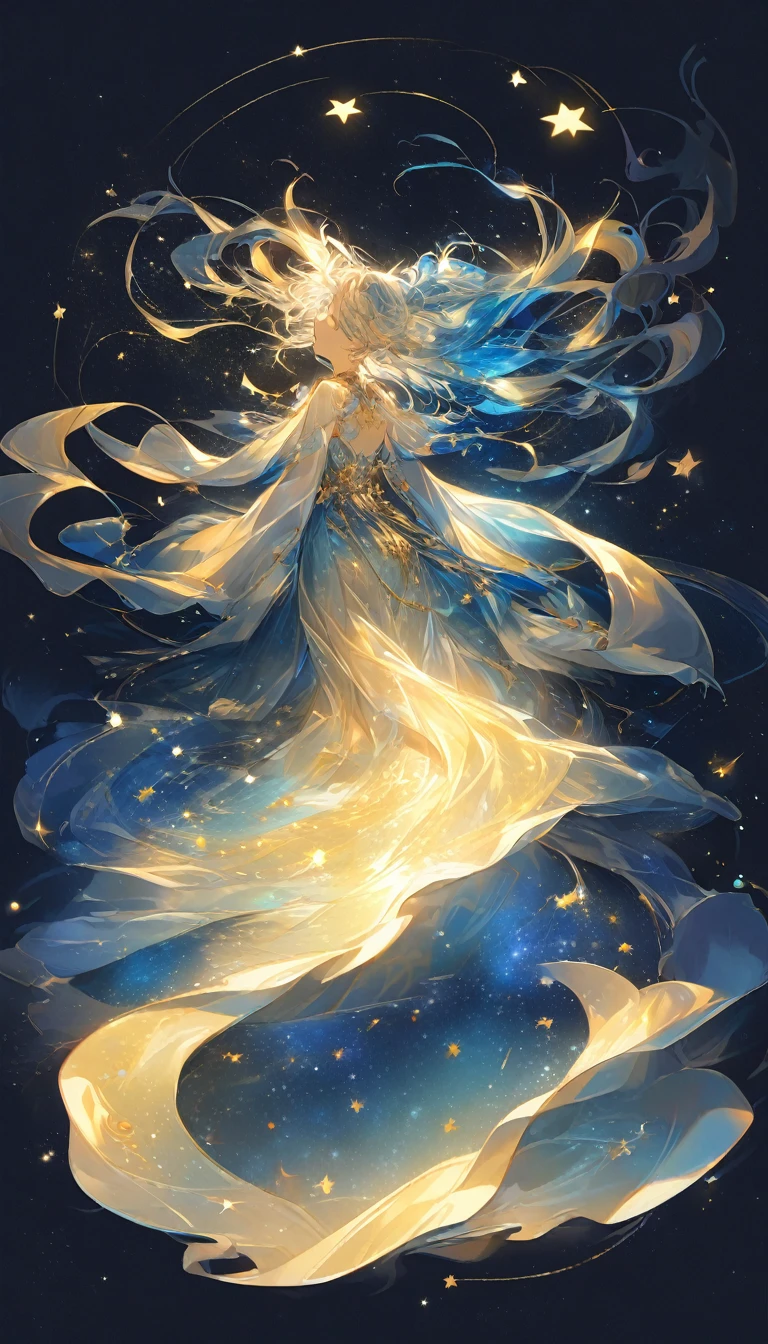 Naughty Elf.Night Guardian.Dark blue background,A dream-like narrative poem,The starry sky is shining with golden stars,Beautiful oriental girl transformed into an elf、Wearing blue shining silk,Clean background,Messy Hair,A large amount of stardust gathers、Swim the winding river of stars,When the wind blows、The golden lines emit a soft glow.,flat design style,Saturated colors,Golden dots of light shine on the face of a beautiful girl,Quiet and gentle。