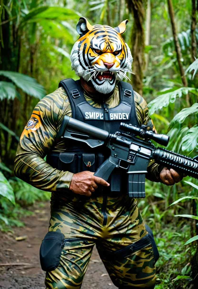 (a dark-skinned bearded fat muscular old man in a bulky army camouflage zipper diver suit), and (wearing realistic roaring siberian tiger mask), patrolling in a jungle and shooting sniper rifle, muscular, Bruce Onobrakpeya, sumatraism, stanley artgermm, action, heroic, fierce, snarling