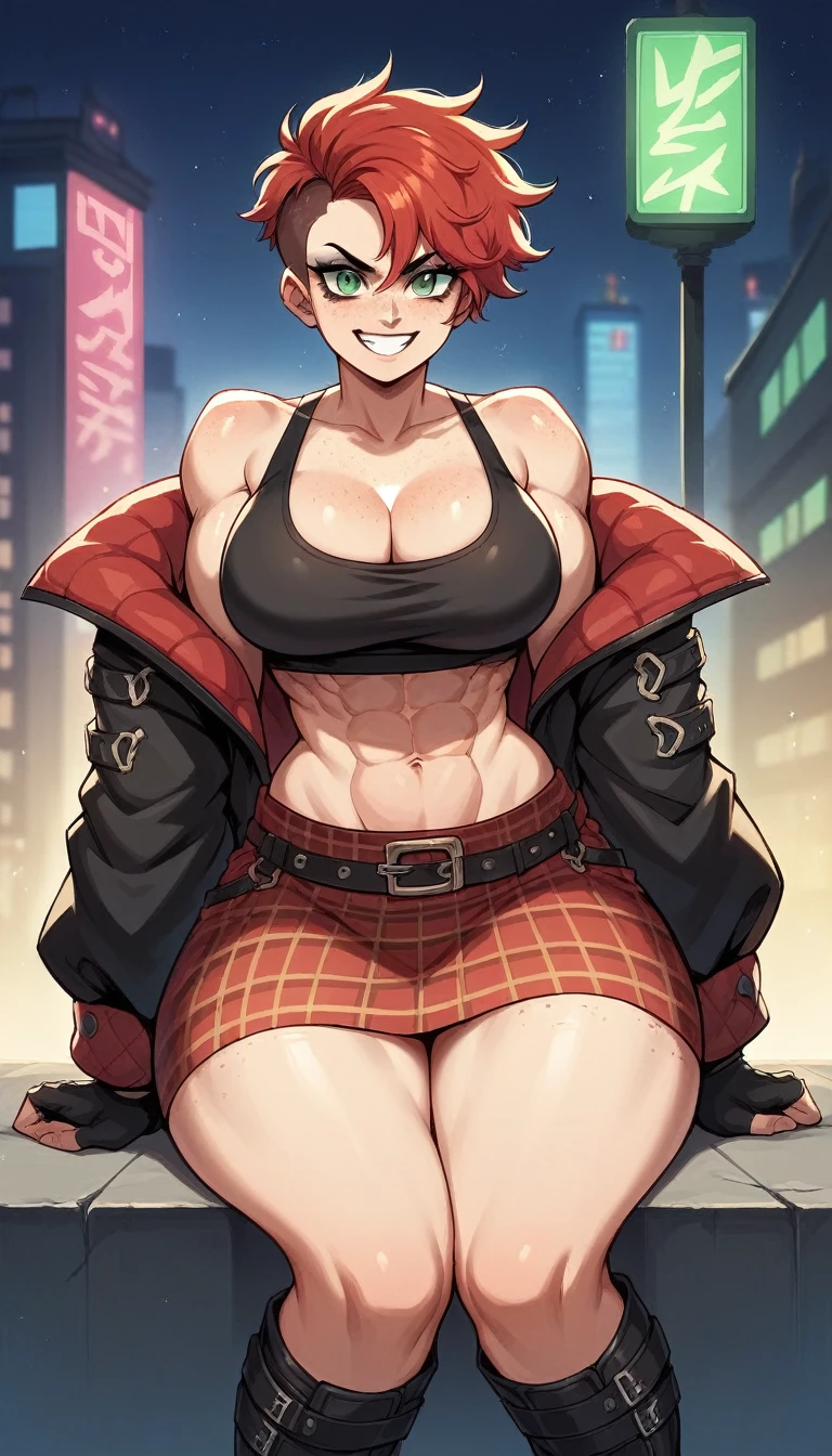woman, grin, curly red pixie cut hair, green eyes, mascara, wearing crop top black shirt, long black jacket, red plaid skirt, (black knee high boots), black fingerless gloves, exposed shoulders, large breasts, thick thighs, freckles, cleavage, abs, looking at viewer, masterpiece, best quality, Holo-Punk Style, in the city at night