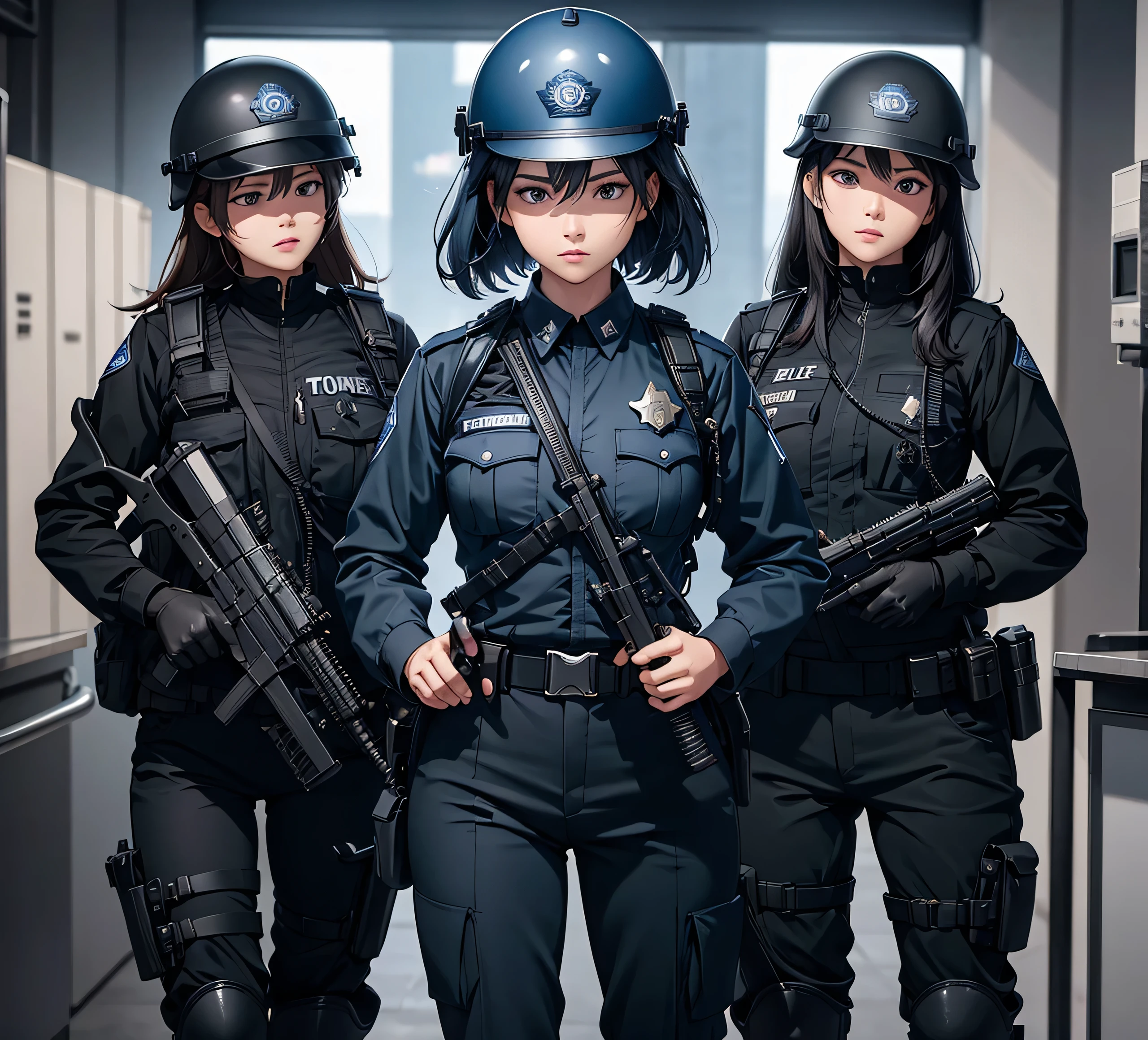 A group of female police officers all wearing black-blue uniforms，Wear a steel helmet、Military Pants、Individual equipment set、Alert with guns、Write details、masterpiece、best quality、Highly detailed CG、8K picture quality