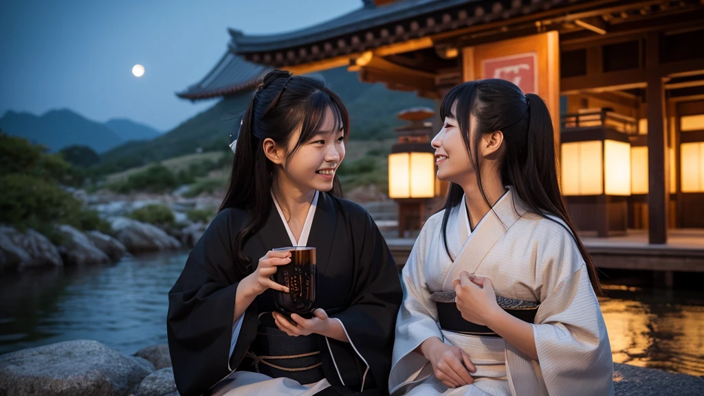 (Highest quality:1.2)。Nocturnal ghosts。One Woman。Beautiful Devil。Intense smile。Long black hair。Cow horn。Black kimono。Black Hakama。Tiger skin wrapped around the waist。Sake cup in right hand。Gourd in left hand。Sitting on a rock。Looking up at the moon。Looking into the distance。Drinking alcohol。The background is a moonlit night、Distant Mountain、Nearby Torii。