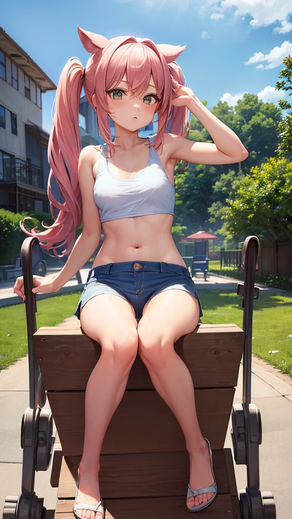 (masterpiece, highest quality, ultra high res, ultra detailed:1.3), 1 cute girl, ideal ratio body proportions, pink medium hair, half twintail, small breast, from below, front view, yellow baggy tank top, tank top covered nipples, blue denim mini (skirt, white panties:1.4), (sitting, open legs, riding on a seesaw:1.3), view from the other side of the seesaw, cameltoe, 