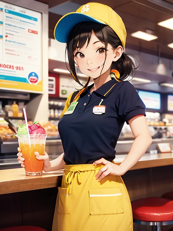 1 girl, uniform, apron, cap, Name tag, Polo shirt, headset, counter, register, Menu Signage, tray, Flyer, Drink dispenser, hamburger, potato, drink, straw, napkin, smile, clean, Vibrancy, Bright lighting, food court, Fast food logo, uniform color, Modern interior, Comfortable seats, Poster, Promotional Sign, Hand sanitizer