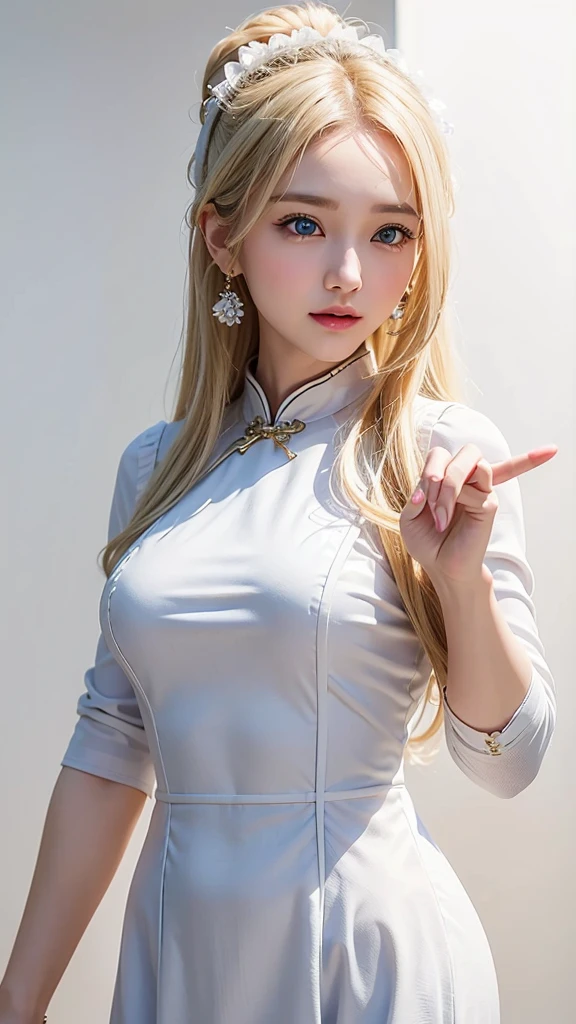 (((White background、shoot from above、China dress、Ao Dai、See-through、forehead、White Blonde、Blonde、White Background、Cowboy Shot、amount)))、amount、Northern Europe、Russia、beautiful girl、Platinum Blonde Hair、Straight Long Hair、Big Blue Eyes、Northern Europeの若者、Glowing Skin、Young and beautiful skin、A perfect and beautiful little face、Bright makeup、Pale pink lips、Bright expression、lipstick、Intricate details、High resolution、 Detailed features of face design、Big Breasts