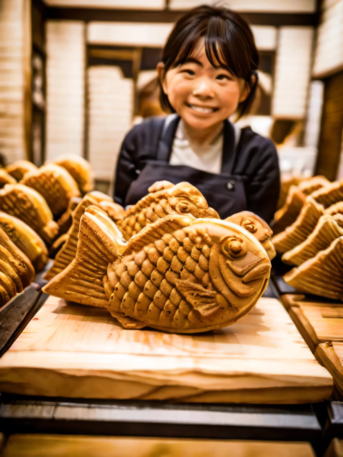 taiyaki, One palm-sized taiyaki, Detailed details of taiyaki, (There is a taiyaki on the plate), high detail, masterpiece, RAW Photos, Realistic atmosphere, Face and eyes drawn in minute detail, High quality, looks delicious, A melancholy interior, Kyoto, Post that you bought Taiyaki, ((In the back, a smiling shop assistant in an apron)),