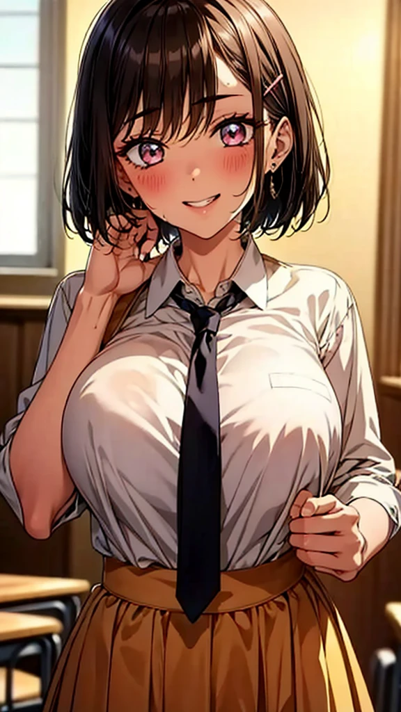 (masterpiece, Official Art), One Girl, Black Hair, blue eyes, hair ornaments, Hair Clip, (school uniform), (shirt), (tie), (skirt), (Wet), (Upper Body), (close), (Huge breasts), Very good、sunlight,classroom、 Show Viewer, Grin, attractive, blush, attractive服, (close), (Place your hands behind your head), (Upper Body), Short Bob