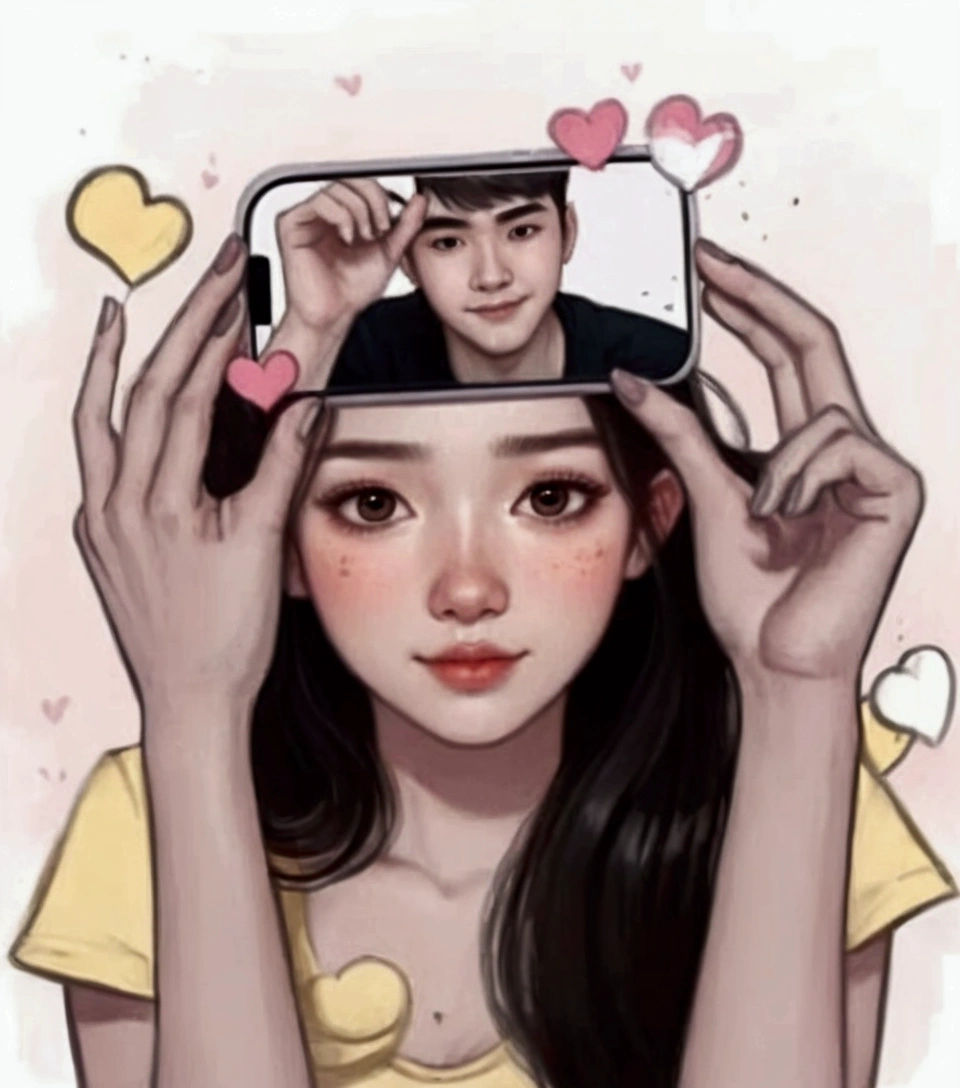 cartoon of a girl holding a cell phone with a picture of a man on it, in love selfie, trending on artstration, trending on devian art, trending on devianart, by Kun Can, accidentally taking a selfie, realistic picture, devianart trending, by Nil Gleyen, beautiful drawing style, taking selfies, lofi girl, selfie