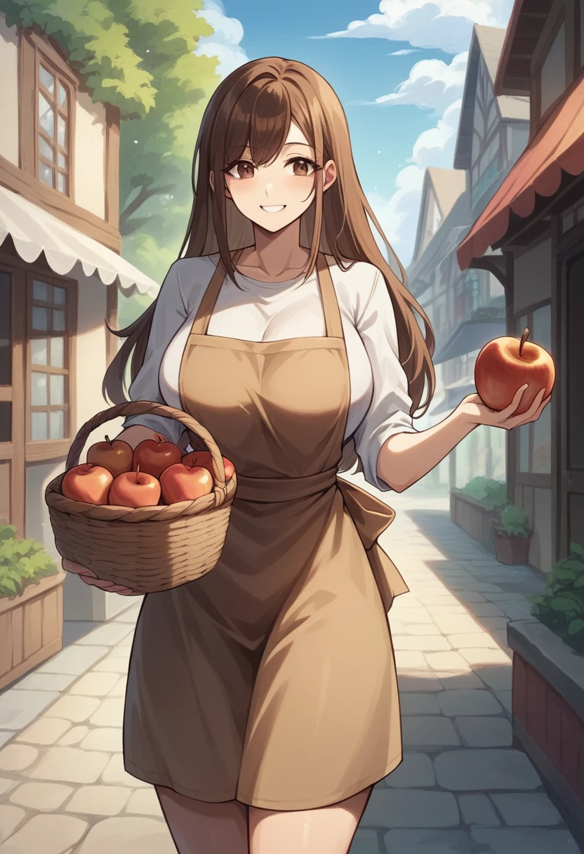 A MILF (in her 40s) is in a community vegetable garden, smiling at you as she tills the ground.