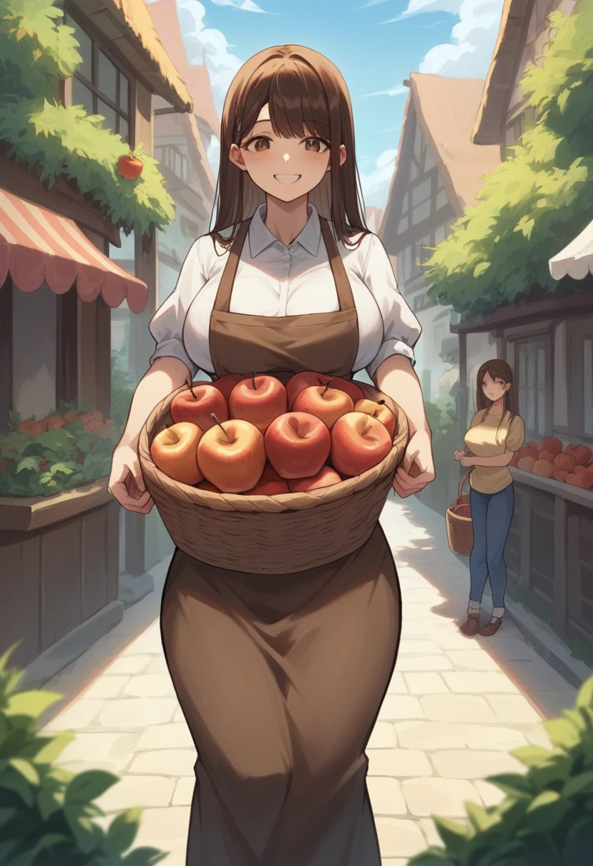 NSFW,Highest quality,female,One Girl,20-year-old,European lower class,Village Girl,Simple brown apron dress,Brown Hair,Brown eyes,Hair that reaches down to the waist,Long Hair,tall,Big thighs,Big Breasts,Friendly smile,Rural Village,Azemichi,Carrying a basket of fruit,Basket filled with apples,