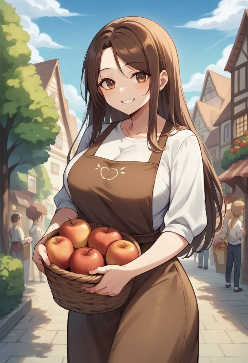 NSFW,Highest quality,female,One Girl,20-year-old,European lower class,Village Girl,Simple brown apron dress,Brown Hair,Brown eyes,Hair that reaches down to the waist,Long Hair,tall,Big thighs,Big Breasts,Friendly smile,Rural Village,Azemichi,Carrying a basket of fruit,Basket filled with apples,