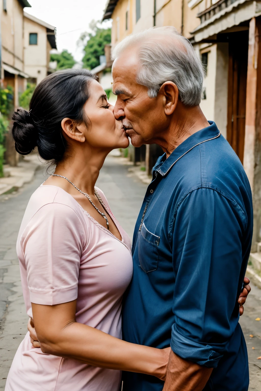 Old man group kiss with aunty in village street