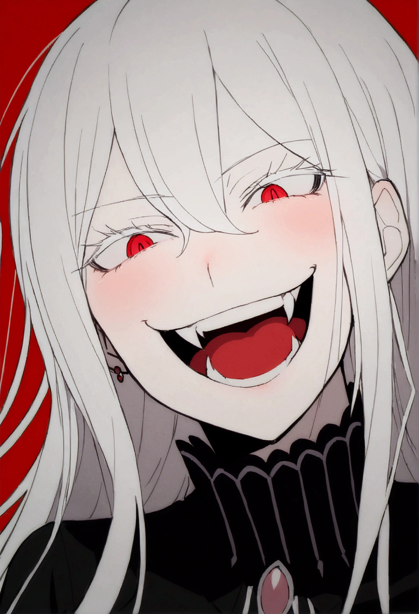 Evil woman, loca, White hair, thick white eyelashes, fangs, demonic, echidna re:zero, crazy laugh, pure evil, black clothes, red tones, big breasts,a close-up of a person with a red background and a black and white drawing of a woman with long hair, Akane Owari Danganronpa, with red haze and a massive SMILE, SMILEning lasciviously, [[[[SMILEning evily]]]], evil SMILE, Gapmoe Yandere Grimdark, SMILE, SMILE asesina, Masterpiece