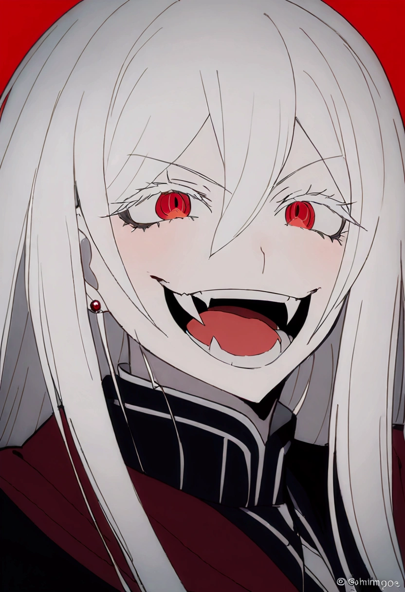 Evil woman, loca, White hair, thick white eyelashes, fangs, demonic, echidna re:zero, crazy laugh, pure evil, black clothes, red tones, big breasts,a close-up of a person with a red background and a black and white drawing of a woman with long hair, Akane Owari Danganronpa, with red haze and a massive SMILE, SMILEning lasciviously, [[[[SMILEning evily]]]], evil SMILE, Gapmoe Yandere Grimdark, SMILE, SMILE asesina, Masterpiece