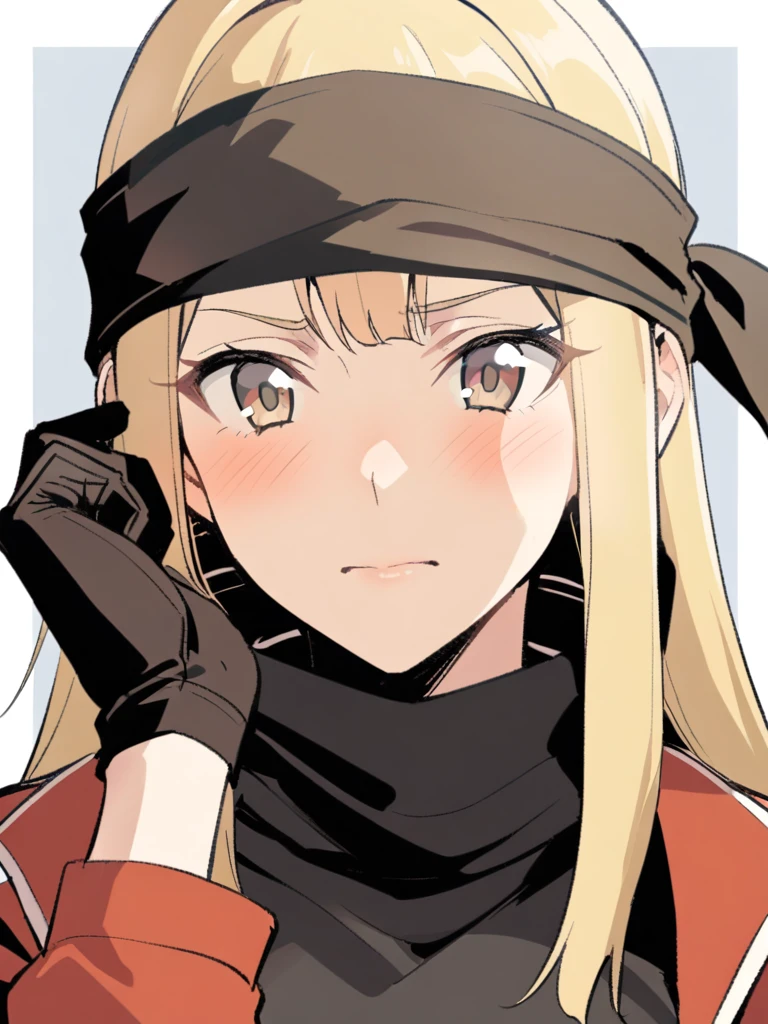 {{Upper part of the body}} {{Artist: sincos}} mature woman, straight hair, long hair, with black and blonde highlights, light brown eyes, black ninja bandana, red jacket, black fitted t-shirt, Gloves without fingers