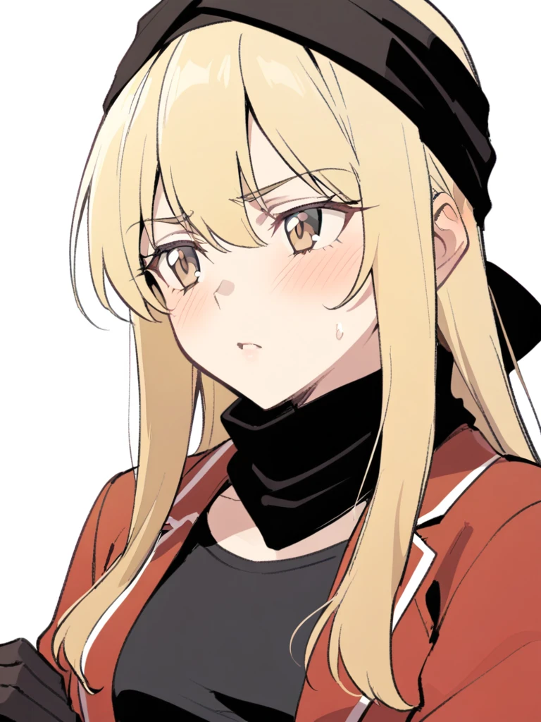 {{Upper part of the body}} {{Artist: sincos}} mature woman, straight hair, long hair, with black and blonde highlights, light brown eyes, black ninja bandana, red jacket, black fitted t-shirt, Gloves without fingers