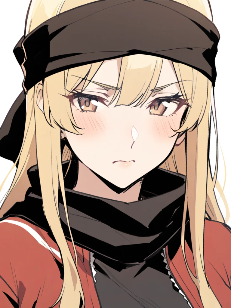 {{Upper part of the body}} {{Artist: sincos}} mature woman, straight hair, long hair, with black and blonde highlights, light brown eyes, black ninja bandana, red jacket, black fitted t-shirt, Gloves without fingers