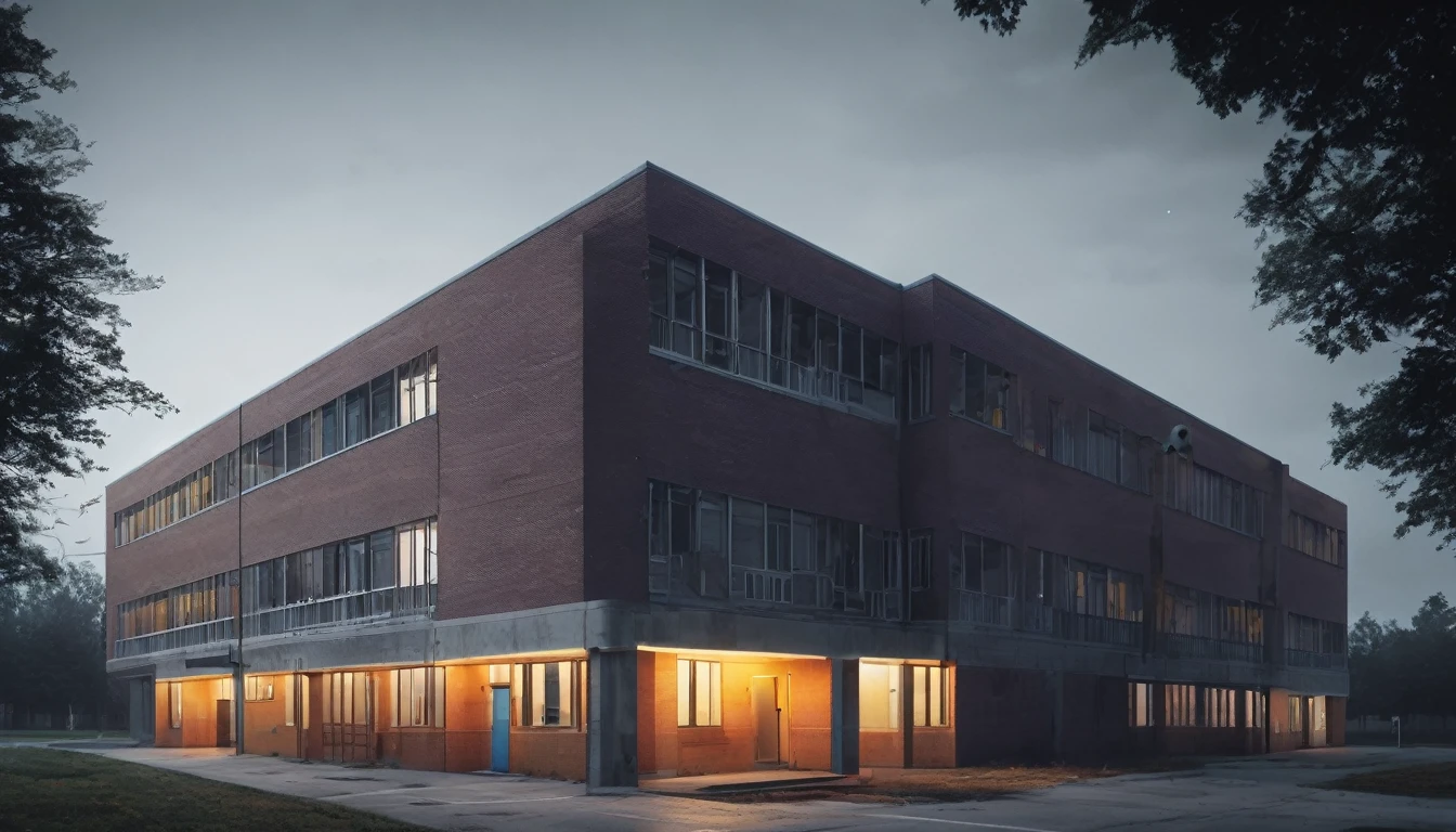 Simple elementary school building with a spooky atmosphere