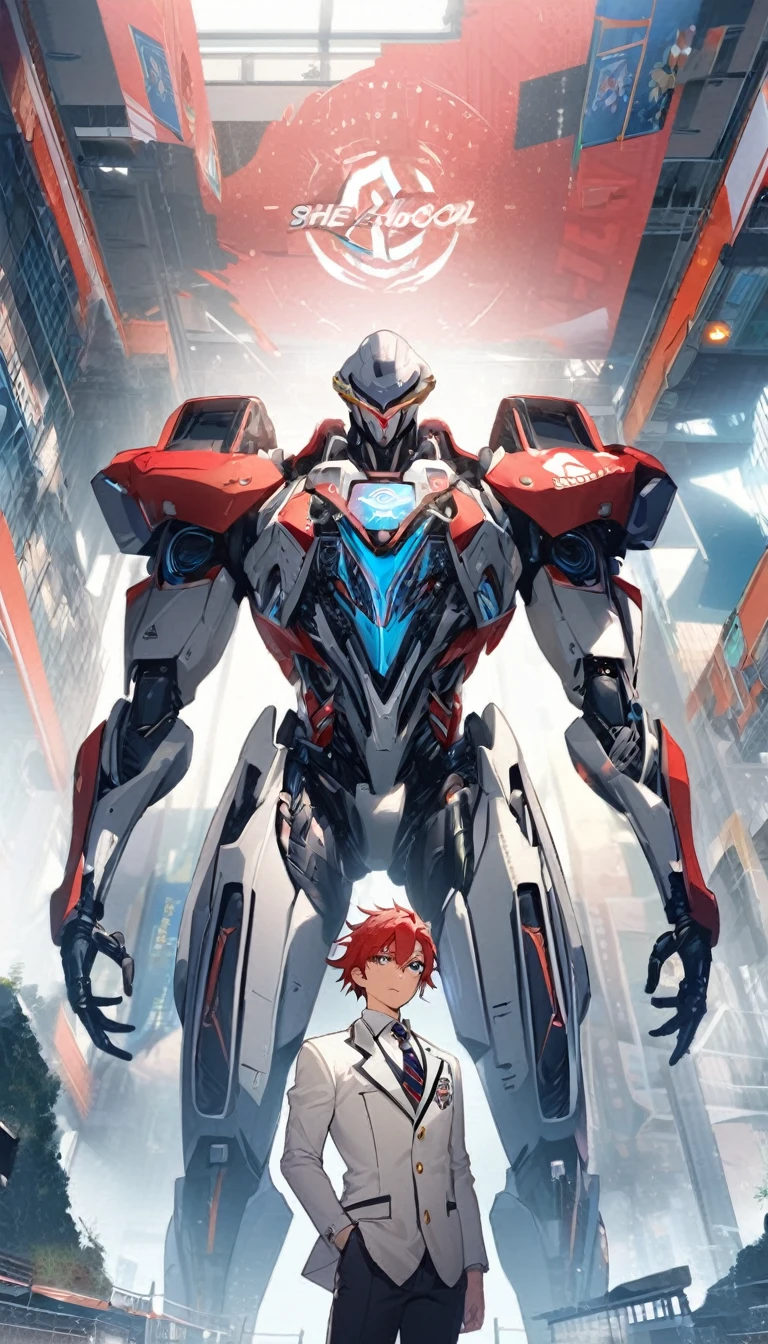 1 boy, highschool,white blazer and tie with logo,white shirt,red hair,he has a high huge high tech bionic arm,calm expression , standing ,epic background .