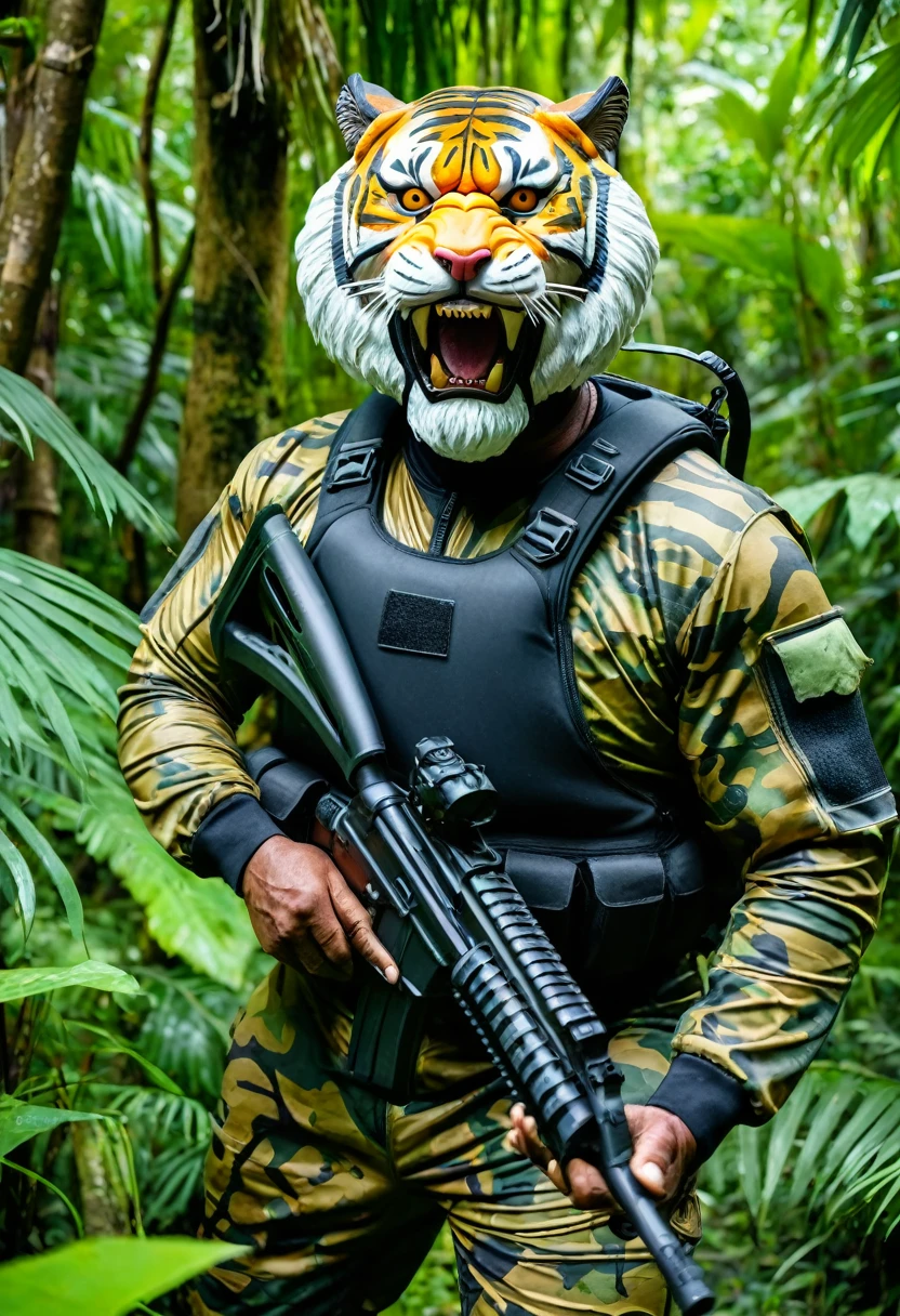 (a dark-skinned bearded fat muscular old man in a bulky army camouflage zipper diver suit), and (wearing realistic angry roaring siberian tiger mask), patrolling in a jungle and shooting sniper rifle, muscular, Bruce Onobrakpeya, sumatraism, stanley artgermm, action, heroic, fierce, snarling