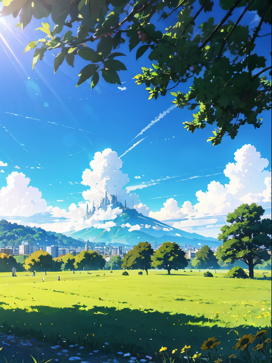 Green Alps in anime style，With bright blue sky and sunshine 